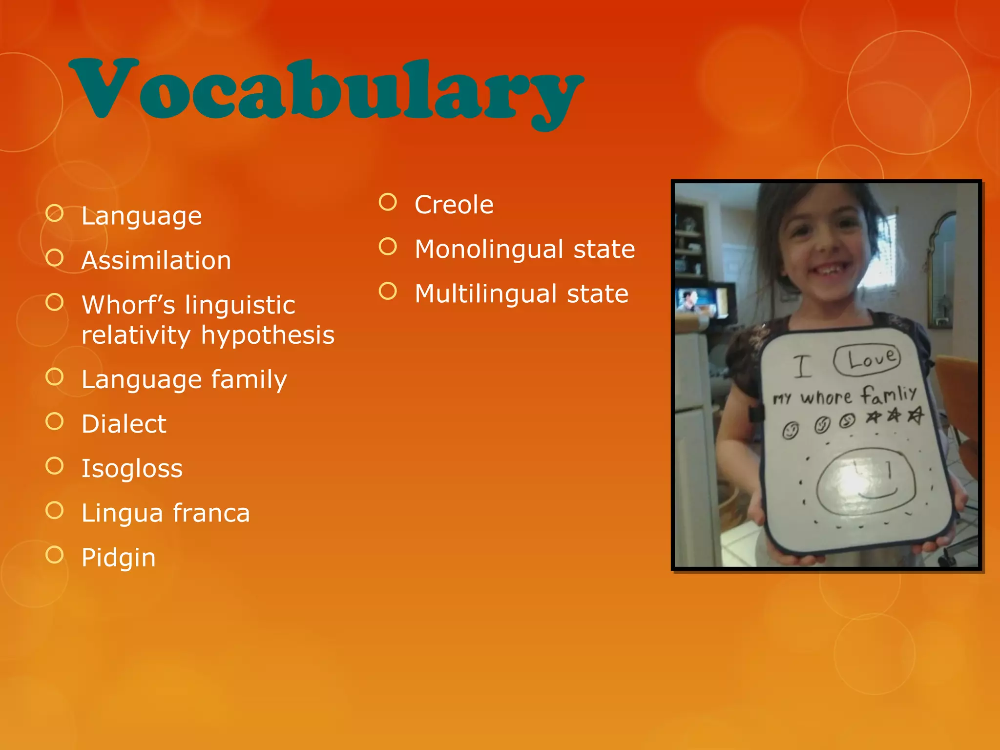 Vocabulary
 Language
 Assimilation
 Whorf’s linguistic
relativity hypothesis
 Language family
 Dialect
 Isogloss
 Lingua franca
 Pidgin
 Creole
 Monolingual state
 Multilingual state
 