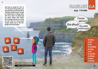 GA
GA
GAEILGE
GAEILGE
1 A hAon
2 A Dó
3 A Trí
4 A Ceathair
5 A Cúig
6 A Sé
7 A Seacht
8 A hOcht
9 A Naoi
10 A Deich
170 000
170 000
é
ó
í
á
ú
35
<<< Éist le fuaim na bhfocal seo
<<< Éist le fuaim na bhfocal seo
Photo: Cliffs of Moher, Ireland
▲
Diadhuit!
Conas
atá tú?
Go raibh
maith agat!
Irish has no words for “yes” or
“no”.Toanswerthequestionyou
useverbforms.Sotheanswerto
“Didtheysellthehouse?”would
be “(they) sold“ or “(they) didn’t
sell”. Or in Irish: "Ar dhíol siad
an teach? Dhíol. Níor dhíol."
Even though Irish has no words
for “yes” and “no” it has many
unique words, just as the lan-
guageonthenextpage…
 