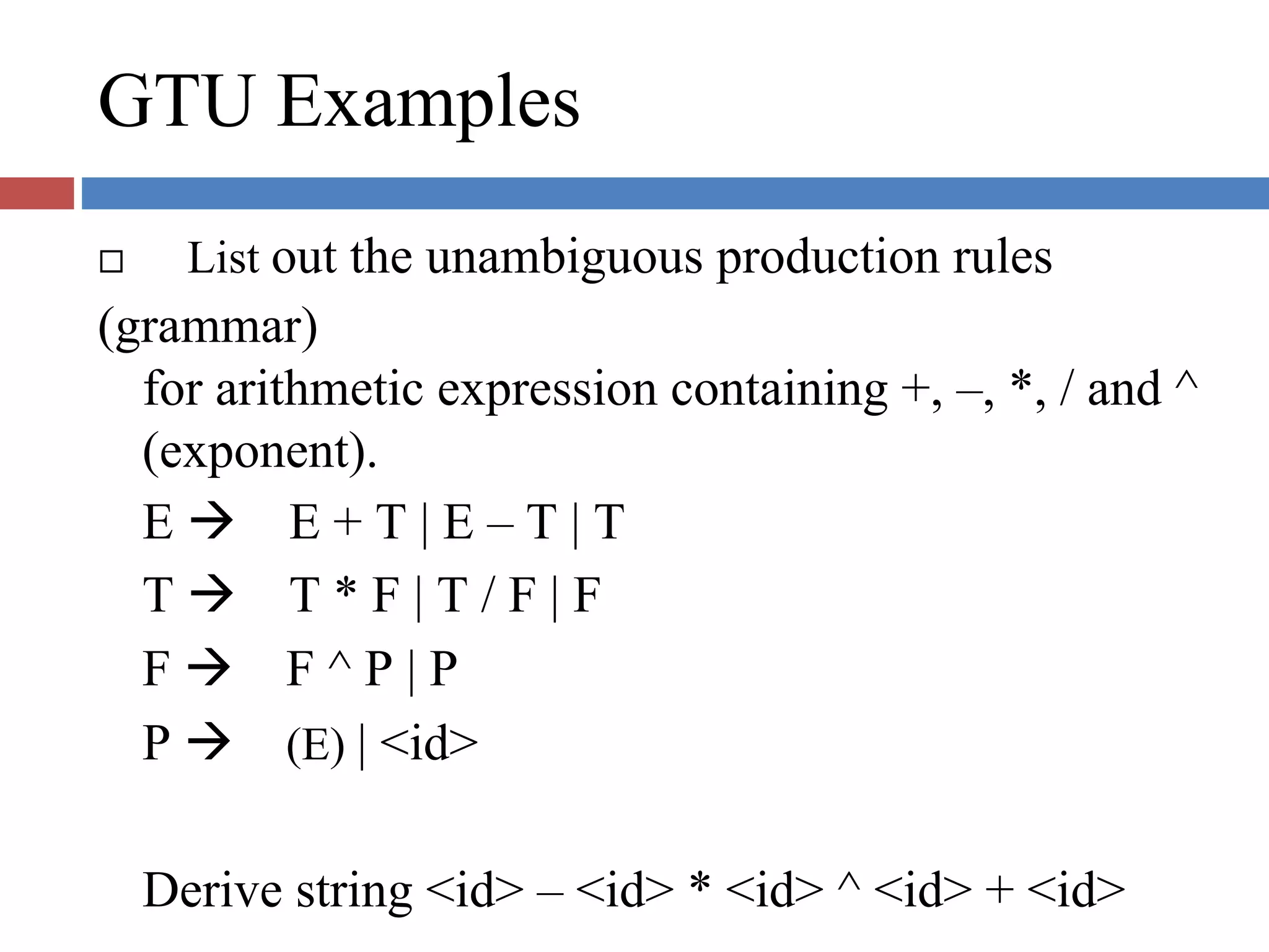 GTU Examples
List out the unambiguous production rules
(grammar)
for arithmetic expression containing +, –, *, / and ^
(exponent).
E E + T | E – T | T
T T * F | T / F | F
F F ^ P | P
P (E) | <id>
Derive string <id> – <id> * <id> ^ <id> + <id>
 