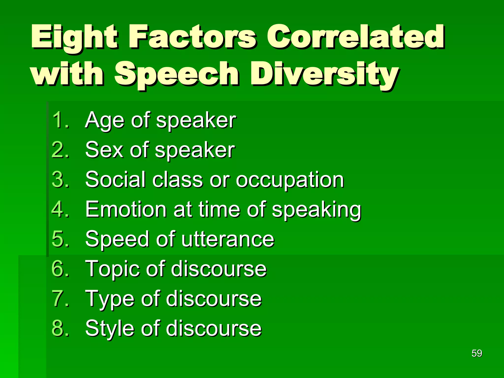 Eight Factors Correlated with Speech Diversity Age of speaker Sex of speaker Social class or occupation Emotion at time of speaking Speed of utterance Topic of discourse Type of discourse Style of discourse 