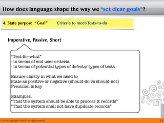 © 2014 Copyright T Ashok. All rights reserved.
How does language shape the way we “set clear goals”?
11
4. State purpose “Goal” Criteria to meet/Tests-to-do
Imperative, Passive, Short
“Test-for-what”
- in terms of end user criteria
- in terms of potential types of defects/ types of tests
Ensure clarity in what we need to
State as positive or negative (should-do vs should-not)
Precision is key
Examples:
“That the system should be able to process X records”
“That the system shall not have duplicate records”
 