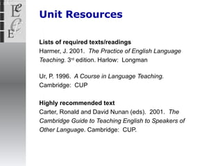 Unit Resources Lists of required texts/readings Harmer, J. 2001.   The Practice of English Language Teaching.  3 rd  edition. Harlow:  Longman   Ur, P. 1996.   A Course in Language Teaching. Cambridge:  CUP Hig hly recommended text Carter, Ronald and David Nunan (eds).  2001.  The Cambridge Guide to Teaching English to Speakers of Other Language . Cambridge:  CUP.  