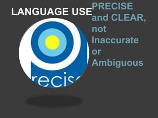 PRECISE
and CLEAR,
not
Inaccurate
or
Ambiguous
LANGUAGE USE
 