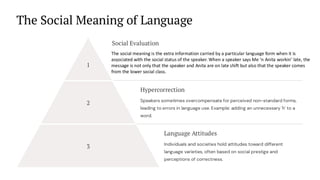preencoded.png
The Social Meaning of Language
1
Social Evaluation
.
2
Hypercorrection
Speakers sometimes overcompensate for perceived non-standard forms,
leading to errors in language use. Example: adding an unnecessary 'h' to a
word.
3
Language Attitudes
Individuals and societies hold attitudes toward different
language varieties, often based on social prestige and
perceptions of correctness.
The social meaning is the extra information carried by a particular language form when it is
associated with the social status of the speaker. When a speaker says Me ‘n Anita workin’ late, the
message is not only that the speaker and Anita are on late shift but also that the speaker comes
from the lower social class.
 