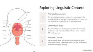 Exploring Linguistic Context
Phonetic Environment
The surrounding sounds can influence the pronunciation of a
particular sound. For example, the pronunciation of 't' at the end
of a word may vary depending on the preceding sound.
Grammatical Rules
The grammatical rules of a language can affect the form and
position of words in a sentence. Example: the use of articles in
different languages.
Semantic Context
The meaning of words and phrases can be influenced by the
surrounding context. For example, 'bank' can refer to a financial
institution or the edge of a river.
 