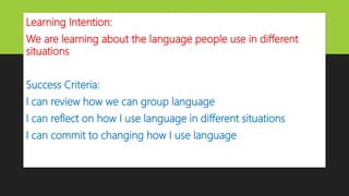 Learning Intention:
We are learning about the language people use in different
situations
Success Criteria:
I can review how we can group language
I can reflect on how I use language in different situations
I can commit to changing how I use language
 