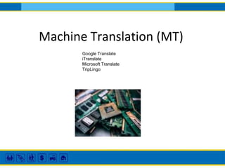 Machine Translation (MT)
Google Translate
iTranslate
Microsoft Translate
TripLingo
 