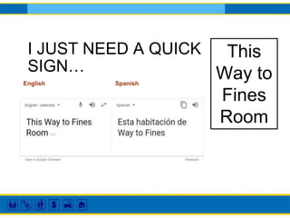 I JUST NEED A QUICK
SIGN…
English Spanish
This
Way to
Fines
Room
 
