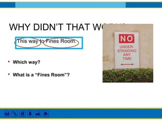 WHY DIDN’T THAT WORK?
This way to Fines Room.
• What is a “Fines Room”?
• Which way?
 