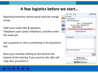 Maximize/minimize control panel with the orange
arrow.
VOIP users select Mic & Speakers.
Telephone users select Telephone, and then enter
the audio pin.
Ask a question or tell us something in the Questions
box.
Raise your hand by clicking on the Hand at the
bottom of the tool bar if you want to talk. (We will
stop after presenters.)
A few logistics before we start…
 