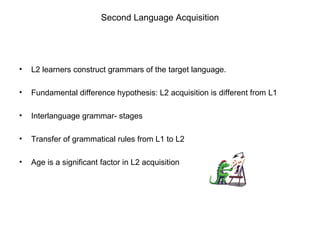 Second Language Acquisition L2 learners construct grammars of the target language. Fundamental difference hypothesis: L2 acquisition is different from L1 Interlanguage grammar- stages Transfer of grammatical rules from L1 to L2 Age is a significant factor in L2 acquisition 