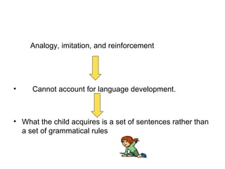 Analogy, imitation, and reinforcement Cannot account for language development. What the child acquires is a set of sentences rather than a set of grammatical rules  