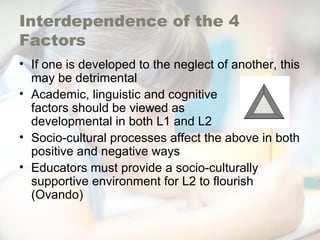 Interdependence of the 4
Factors
• If one is developed to the neglect of another, this
may be detrimental
• Academic, linguistic and cognitive
factors should be viewed as
developmental in both L1 and L2
• Socio-cultural processes affect the above in both
positive and negative ways
• Educators must provide a socio-culturally
supportive environment for L2 to flourish
(Ovando)
 