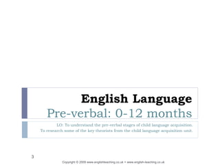 English Language
Pre-verbal: 0-12 months
LO: To understand the pre-verbal stages of child language acquisition.
To research some of the key theorists from the child language acquisition unit.
Copyright © 2009 www.englishteaching.co.uk + www.english-teaching.co.uk
3
 