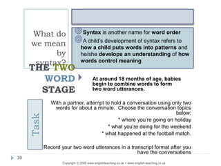 39
What do
we mean
by
syntax?
Syntax is another name for word order
A child’s development of syntax refers to
how a child puts words into patterns and
he/she develops an understanding of how
words control meaning
THE TWO
WORD
STAGE
With a partner, attempt to hold a conversation using only two
words for about a minute. Choose the conversation topics
below:
* where you’re going on holiday
* what you’re doing for the weekend
* what happened at the football match.
Record your two word utterances in a transcript format after you
have the conversations
 At around 18 months of age, babies
begin to combine words to form
two word utterances.
Task
Copyright © 2009 www.englishteaching.co.uk + www.english-teaching.co.uk
 
