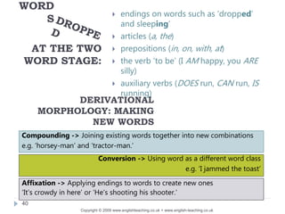 40
WORD
S
 endings on words such as ‘dropped’
and sleeping’
 articles (a, the)
 prepositions (in, on, with, at)
 the verb ‘to be’ (I AM happy, you ARE
silly)
 auxiliary verbs (DOES run, CAN run, IS
running)
AT THE TWO
WORD STAGE:
DERIVATIONAL
MORPHOLOGY: MAKING
NEW WORDS
Conversion -> Using word as a different word class
e.g. ‘I jammed the toast’
Affixation -> Applying endings to words to create new ones
‘It’s crowdy in here’ or ‘He’s shooting his shooter.’
Compounding -> Joining existing words together into new combinations
e.g. ‘horsey-man’ and ‘tractor-man.’
Copyright © 2009 www.englishteaching.co.uk + www.english-teaching.co.uk
 