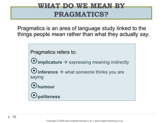 WHAT DO WE MEAN BY
PRAGMATICS?
Copyright © 2009 www.englishteaching.co.uk + www.english-teaching.co.uk
Pragmatics is an area of language study linked to the
things people mean rather than what they actually say.
55
Pragmatics refers to:
implicature  expressing meaning indirectly
inference  what someone thinks you are
saying
humour
politeness
 