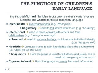 THE FUNCTIONS OF CHILDREN’S
EARLY LANGUAGE
Copyright © 2009 www.englishteaching.co.uk + www.english-teaching.co.uk
The linguist Michael Halliday broke down children’s early language
functions into what he termed a ‘taxonomy language’
 Instrumental  expresses needs (e.g. ‘Want juice’)
 Regulatory  used to tell others what to do (e.g. ‘Go away’)
 Interactional  used to make contact with others and form
relationships (e.g. ‘Love you, mummy’)
 Personal  used to express feelings, opinions and individual identity
(e.g. ‘Me good girl’)
 Heuristic  Language used to gain knowledge about the environment
(i.e. ‘What the tractor doing?’)
 Imaginative  Here language is used to tell stories and jokes, and to
create an imaginary environment.
 Representational  Use of language to convey facts and information
57
 