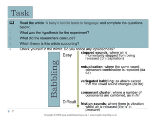 Task
Copyright © 2009 www.englishteaching.co.uk + www.english-teaching.co.uk
 Read the article ‘A baby’s babble leads to language’ and complete the questions
below:
1. What was the hypothesis for the experiment?
2. What did the researchers conclude?
3. Which theory is this article supporting?
4. Check yourself in the mirror. Do you notice any lopsidedness?
Easy
Difficult
stopped sounds: where air is
momentarily stopped from being
released (‘p’) (aspiration)
reduplication: where the same vowel-
consonant combination is repeated (da
da)
variegated babbling: as above except
that the vowel sound changes (da de)
consonant cluster: where a number of
consonants are combined, as in /fr/
friction sounds: where there is vibration
whilst air is released (the ‘s’ in
pleasure)
Babbling
7
 