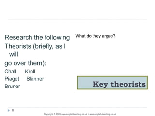 Key theorists
Research the following
Theorists (briefly, as I
will
go over them):
Chall Kroll
Piaget Skinner
Bruner
What do they argue?
8
Copyright © 2009 www.englishteaching.co.uk + www.english-teaching.co.uk
 