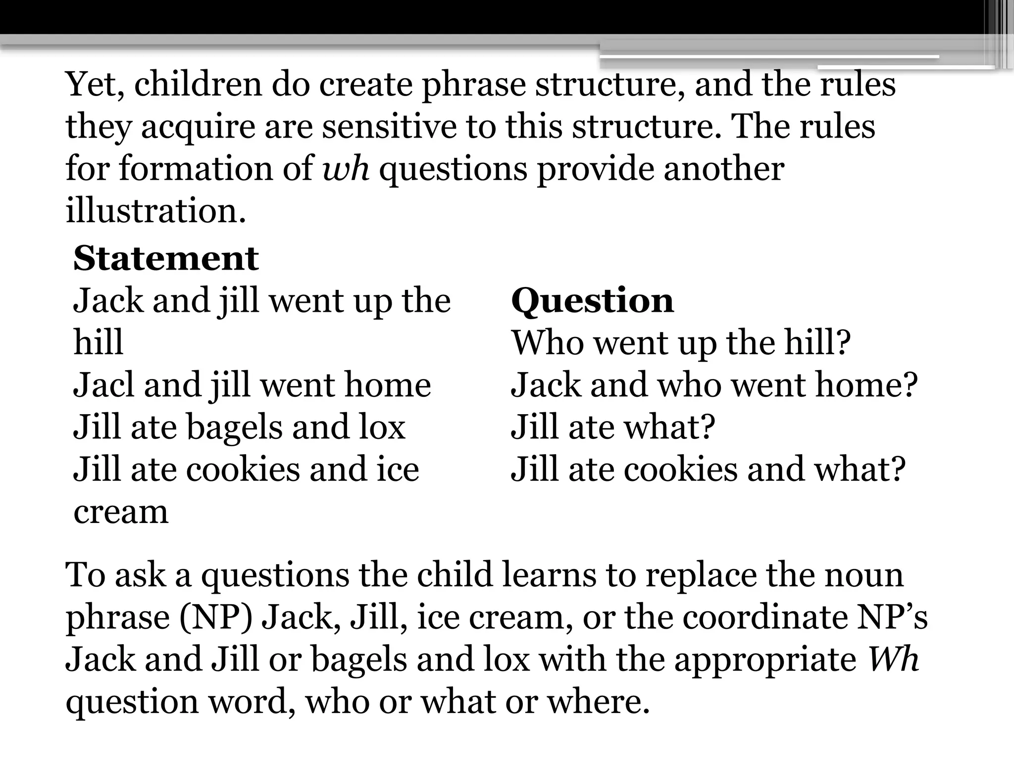 Yet, children do create phrase structure, and the rules
they acquire are sensitive to this structure. The rules
for formation of wh questions provide another
illustration.
Statement
Jack and jill went up the
hill
Jacl and jill went home
Jill ate bagels and lox
Jill ate cookies and ice
cream
Question
Who went up the hill?
Jack and who went home?
Jill ate what?
Jill ate cookies and what?
To ask a questions the child learns to replace the noun
phrase (NP) Jack, Jill, ice cream, or the coordinate NP’s
Jack and Jill or bagels and lox with the appropriate Wh
question word, who or what or where.
 