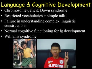 Language & Cognitive Development
• Chromosome deficit: Down syndrome
• Restricted vocabularies + simple talk
• Failure in understanding complex linguistic
constructions
• Normal cognitive functioning for lg development
• Williams syndrome
 