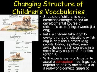 Changing Structure of
Children’s Vocabularies
• Structure of children’s word
meanings changes based on
developmental course of
children’s use of single words (i.e.,
dog)
• Initially children take ‘dog’ to
evoke a range of situations which
dog is only one element (dog
growls, barks, is petted, runs
away, fights); each connects in a
specific way as part of an action
(graph a)
• With experience, words begin to
acquire conceptual meanings; not
depending on any one context or
a real-world context (graph b)
 
