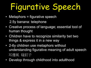 Figurative Speech
• Metaphors = figurative speech
2.5y banana: telephone
• Creative process of language; essential tool of
human thought
• Children have to recognize similarity bet two
things & express it in a new way
• 2-6y children use metaphors without
understanding figurative meaning of adult speech
耳邊風 碰釘子
• Develop through childhood into adulthood
 