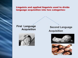 Linguists and applied linguists used to divide
language acquisition into two categories:




First Language               Second Language
    Acquisition
                            Acquisition
 