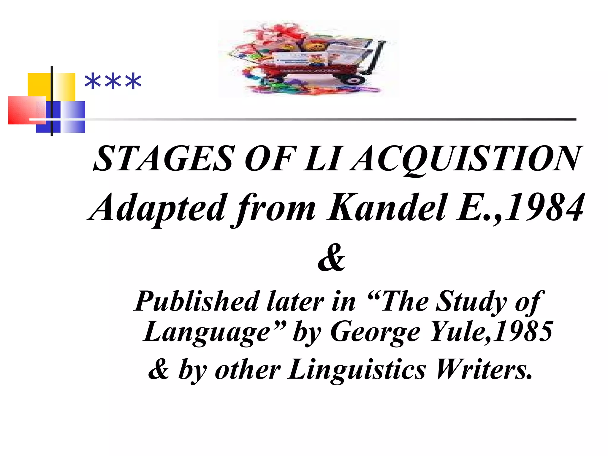 ***  STAGES OF LI ACQUISTION Adapted from Kandel E.,1984 &  Published later in “The Study of Language” by George Yule,1985 & by other Linguistics Writers. 
