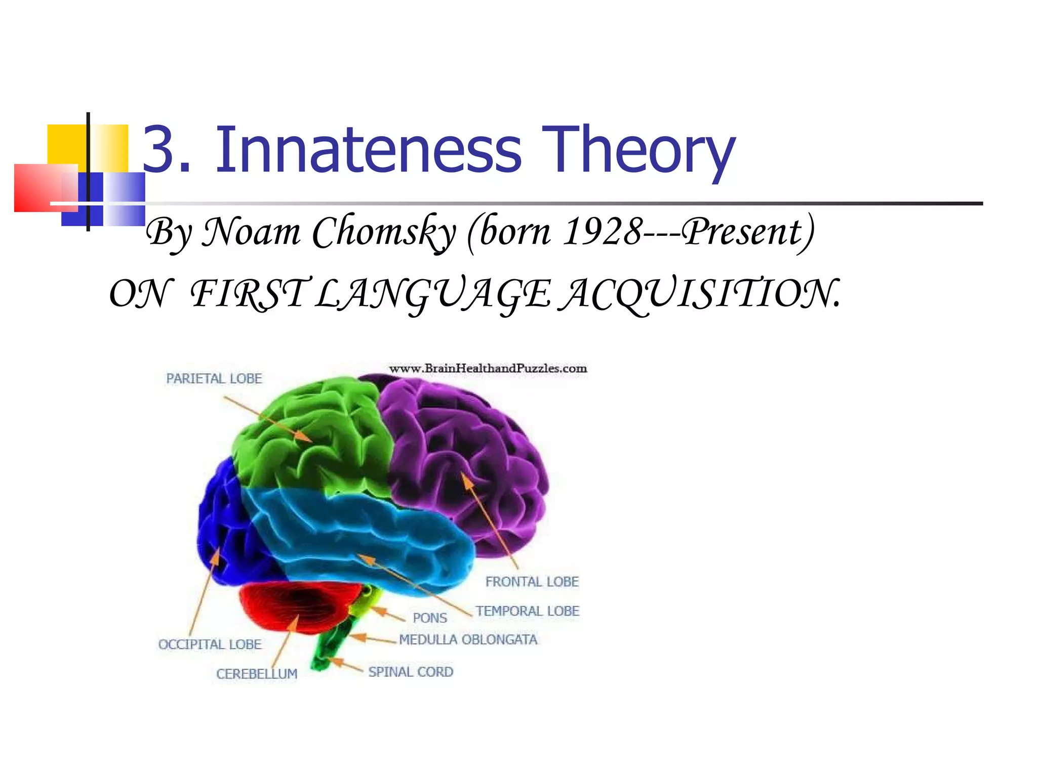 3. Innateness Theory By Noam Chomsky (born 1928---Present) ON  FIRST LANGUAGE ACQUISITION. 