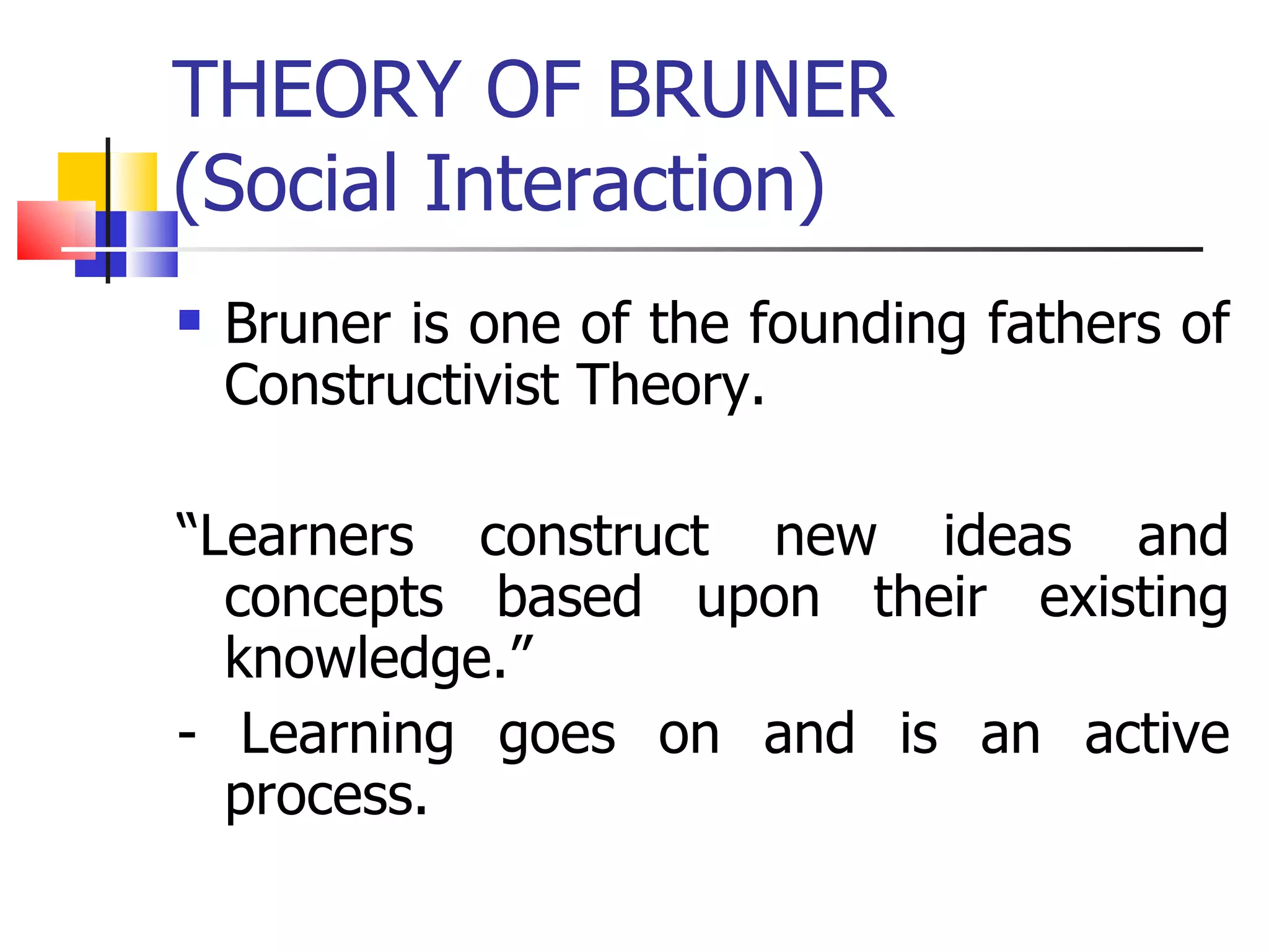 THEORY OF BRUNER (Social Interaction) Bruner is one of the founding fathers of Constructivist Theory. “ Learners construct new ideas and concepts based upon their existing knowledge.” - Learning goes on and is an active process. 