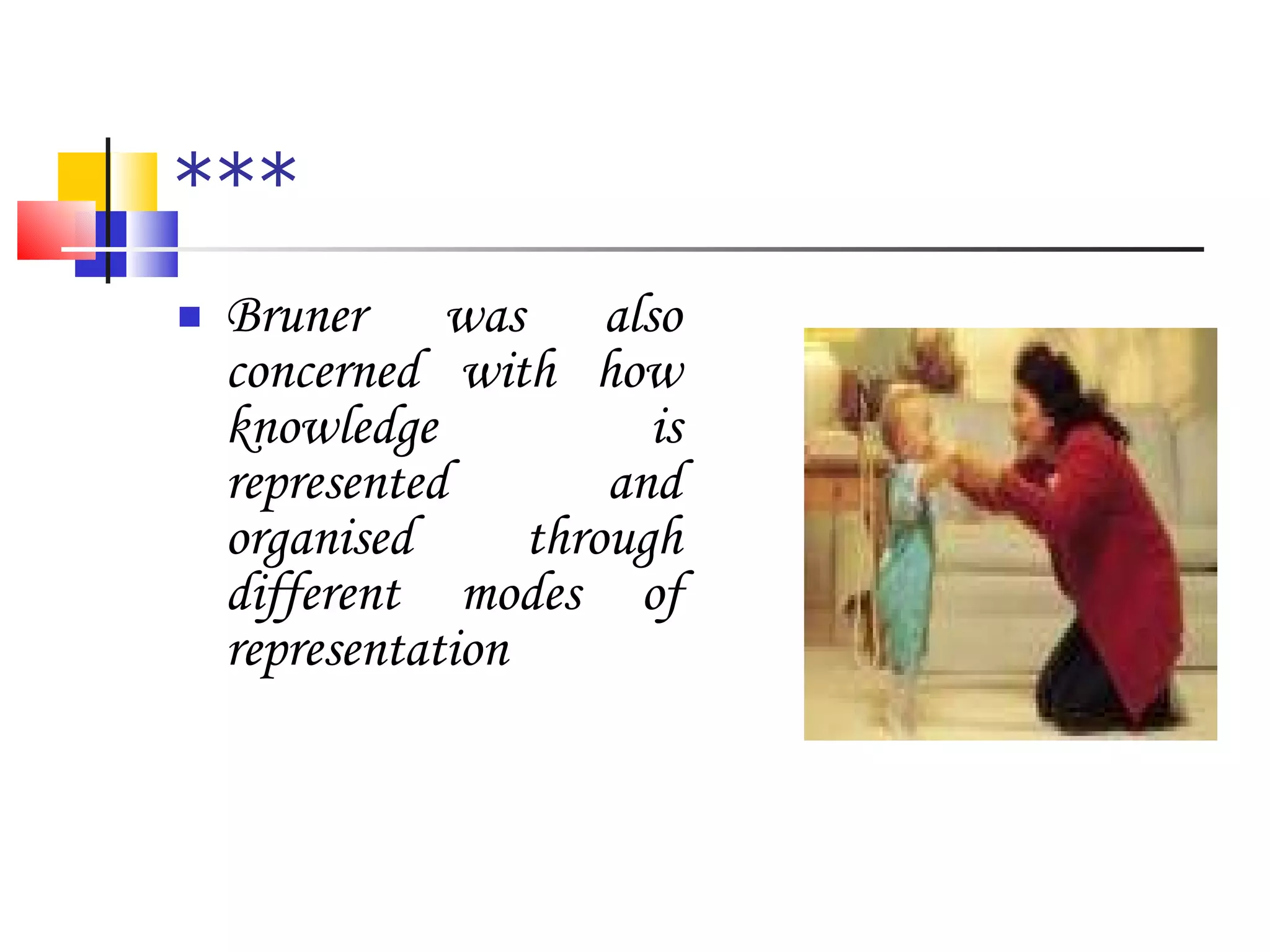 *** Bruner was also concerned with how knowledge is represented and organised through different modes of representation 