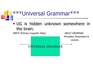 ***Universal Grammar*** UG is hidden unknown somewhere in the brain. INPUT (Primary Linguistic Data)  ADULT GRAMMAR: Principles, Parameters & Lexicon.  UNIVERSAL GRAMMAR 