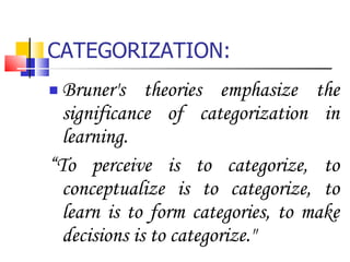 CATEGORIZATION: Bruner's theories emphasize the significance of categorization in learning.  “ To perceive is to categorize, to conceptualize is to categorize, to learn is to form categories, to make decisions is to categorize." 