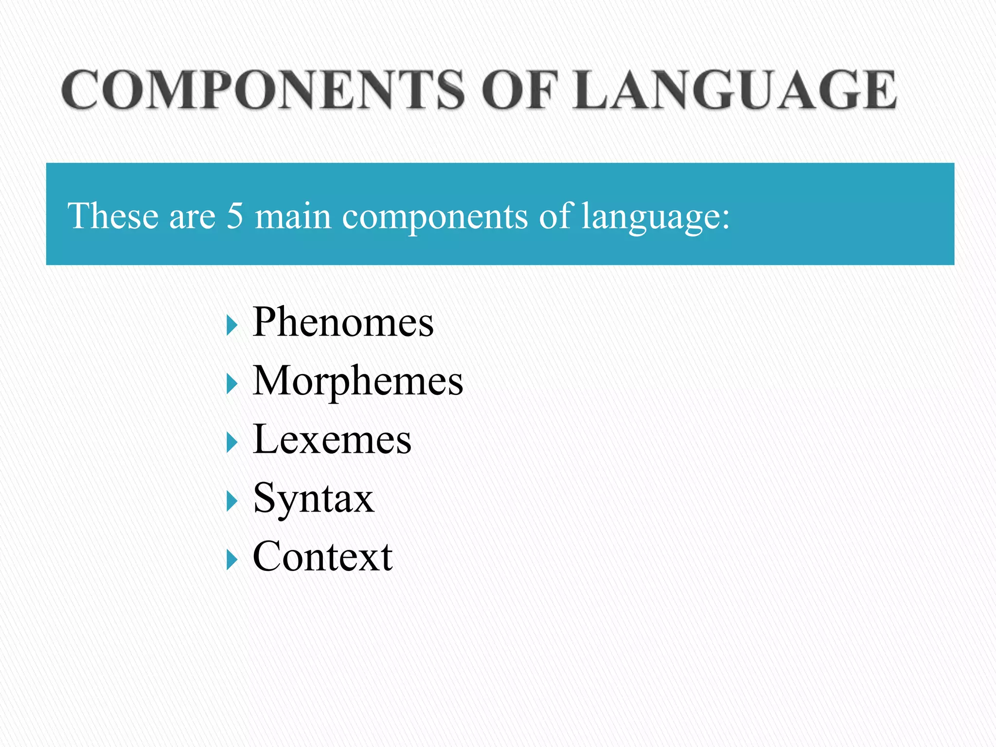 These are 5 main components of language:
 Phenomes
 Morphemes
 Lexemes
 Syntax
 Context
 