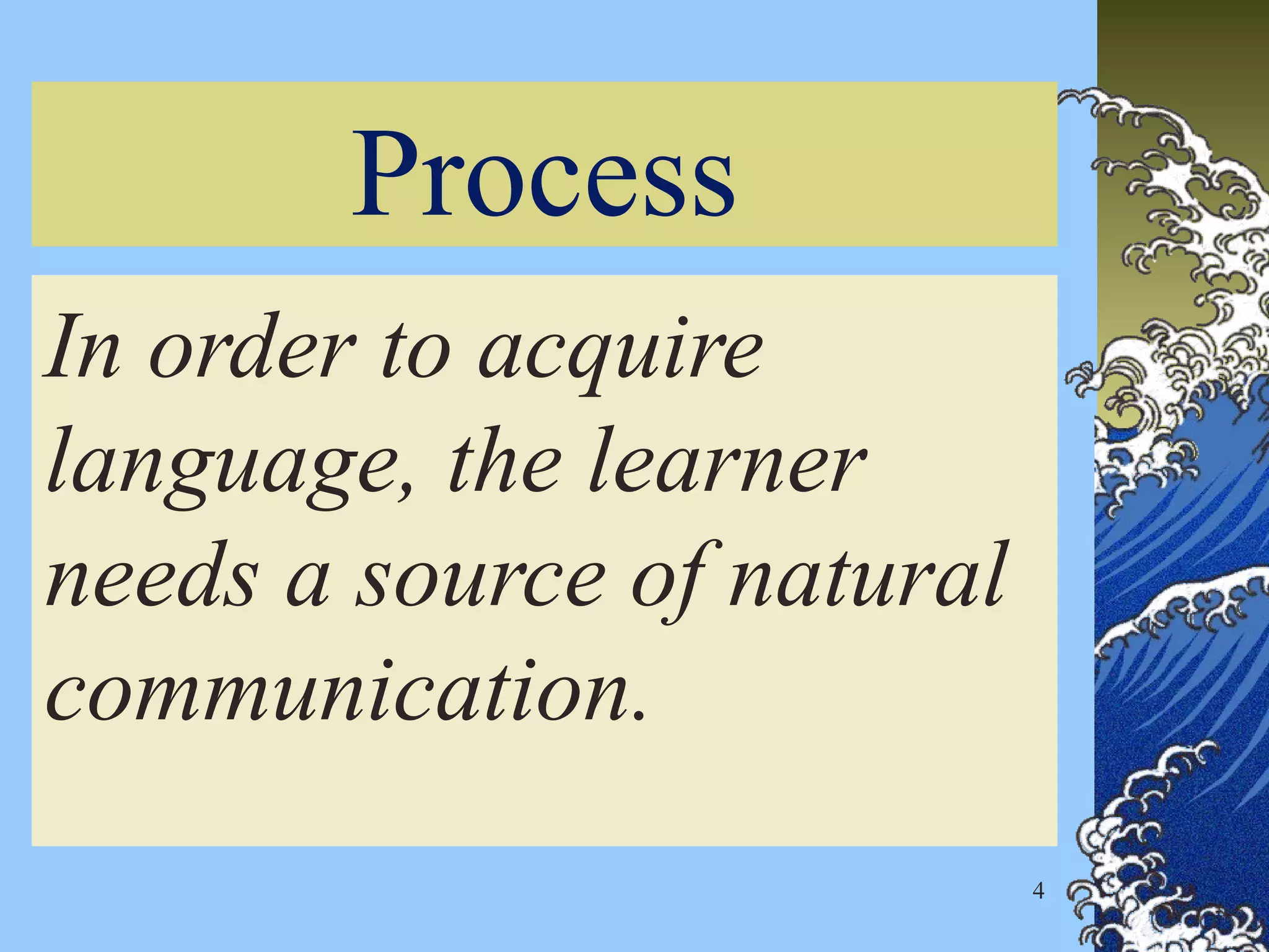 Process
In order to acquire
language, the learner
needs a source of natural
communication.
4