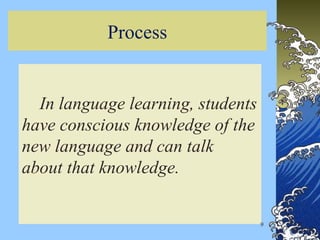 Process
In language learning, students
have conscious knowledge of the
new language and can talk
about that knowledge.
9