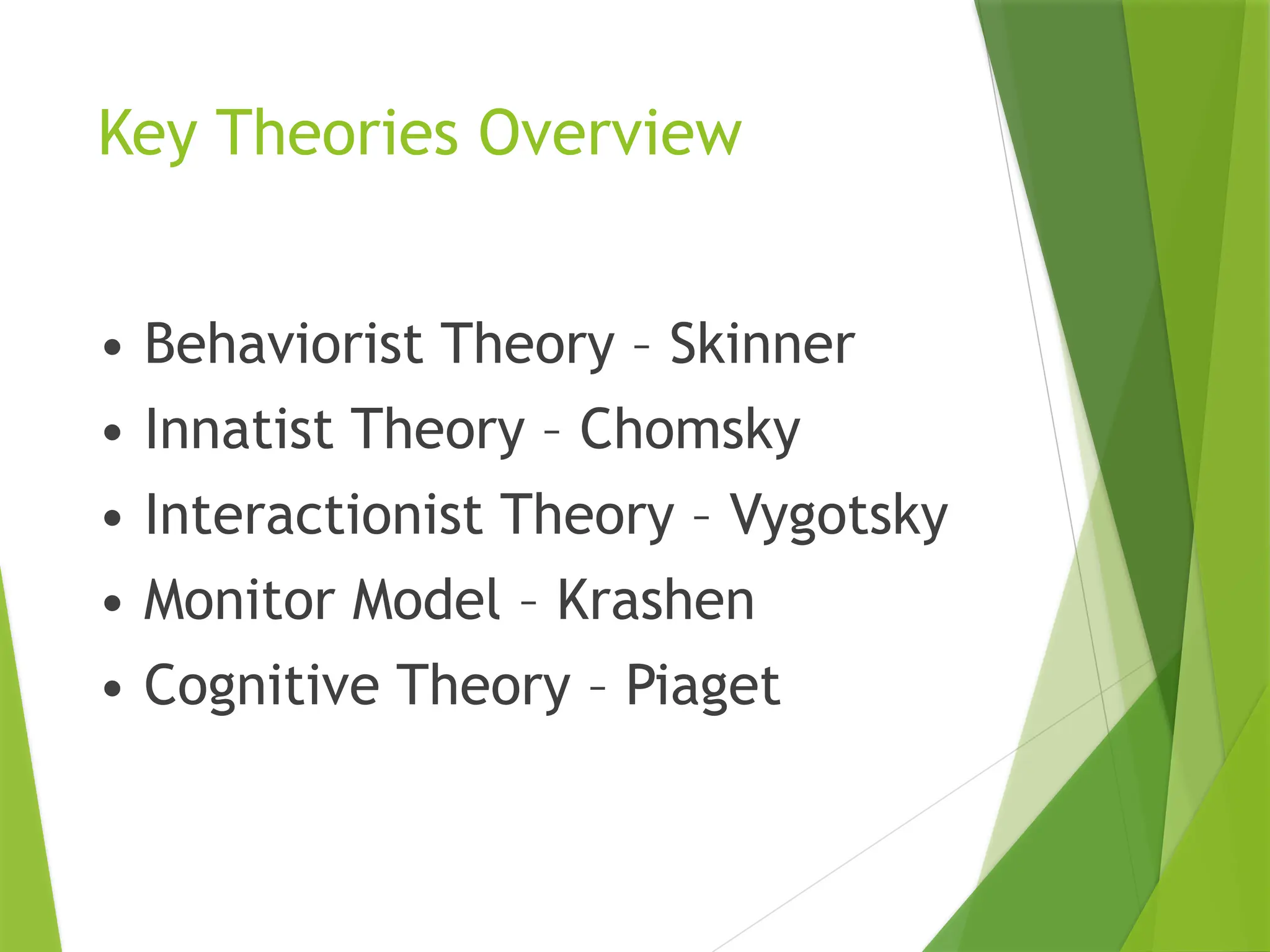 Key Theories Overview
• Behaviorist Theory – Skinner
• Innatist Theory – Chomsky
• Interactionist Theory – Vygotsky
• Monitor Model – Krashen
• Cognitive Theory – Piaget
 