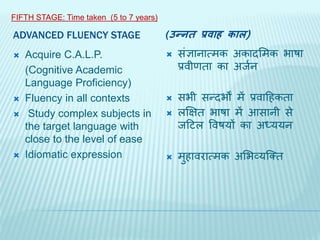 ADVANCED FLUENCY STAGE (उन्नत प्रवाह काल)
 Acquire C.A.L.P.
(Cognitive Academic
Language Proficiency)
 Fluency in all contexts
 Study complex subjects in
the target language with
close to the level of ease
 Idiomatic expression
 िांज्ञानात्िक अकादसिक भाषा
प्रवीणता का अर्जन
 िभी िन्दभों िें प्रवाटहकता
 लक्षित भाषा िें आिानी िे
र्टिल ववषयों का अध्ययन
 िुहावरात्िक असभव्यर्कत
FIFTH STAGE: Time taken (5 to 7 years)
 