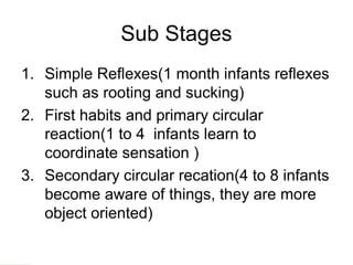 Sub Stages
1. Simple Reflexes(1 month infants reflexes
such as rooting and sucking)
2. First habits and primary circular
reaction(1 to 4 infants learn to
coordinate sensation )
3. Secondary circular recation(4 to 8 infants
become aware of things, they are more
object oriented)
 