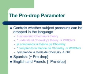The Pro-drop Parameter
 Controls whether subject pronouns can be
dropped in the language
– I understand Chomsky‟s theory
– * understand Chomsky‟s theory  WRONG
– je comprends la théorie de Chomsky
– * comprends la théorie de Chomsky  WRONG
– comprendo la teoría de Chomsky  OK
 Spanish: [+ Pro-drop]
 English and French: [- Pro-drop]
 