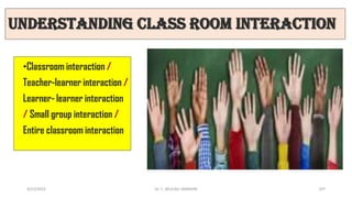 Understanding Class room interaction
•Classroom interaction /
Teacher-learner interaction /
Learner- learner interaction
/ Small group interaction /
Entire classroom interaction
3/23/2022 107
Dr. C. BEULAH JAYARANI
 