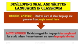 DEVELOPING ORAL AND WRITTEN
LANGUAGES IN CLASSROOM
NATIVIST APPROACH : Nativists suggest that language is too complicated
for a child to learn from environment and hence language is inherited
EMPIRICIST APPROACH : Children learn all about language and
grammar from people around them
3/23/2022 Dr. C. BEULAH JAYARANI 118
 