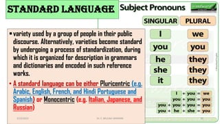 variety used by a group of people in their public
discourse. Alternatively, varieties become standard
by undergoing a process of standardization, during
which it is organized for description in grammars
and dictionaries and encoded in such reference
works.
• A standard language can be either Pluricentric (e.g.
Arabic, English, French, and Hindi Portuguese and
Spanish) or Monocentric (e.g. Italian, Japanese, and
Russian)
Standard language
3/23/2022 Dr. C. BEULAH JAYARANI 32
 
