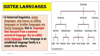 Sister languages
• In historical linguistics, sister
languages, also known as sibling
languages or brother languages are
family languages; that is, languages
that descend from a common
ancestral language, the so-called
proto-language. Every language in an
established language family is a
sister to the others.
3/23/2022 Dr. C. BEULAH JAYARANI 34
 