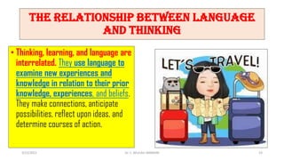 • Thinking, learning, and language are
interrelated. They use language to
examine new experiences and
knowledge in relation to their prior
knowledge, experiences, and beliefs.
They make connections, anticipate
possibilities, reflect upon ideas, and
determine courses of action.
The relationship between language
and thinking
3/23/2022 Dr. C. BEULAH JAYARANI 53
 