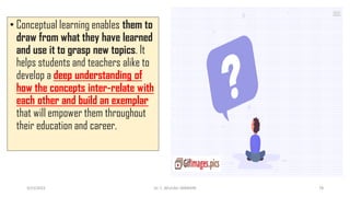 • Conceptual learning enables them to
draw from what they have learned
and use it to grasp new topics. It
helps students and teachers alike to
develop a deep understanding of
how the concepts inter-relate with
each other and build an exemplar
that will empower them throughout
their education and career.
3/23/2022 Dr. C. BEULAH JAYARANI 78
 