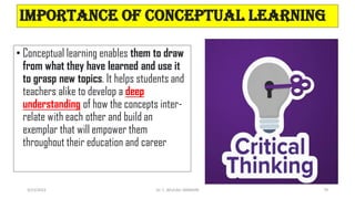 Importance of conceptual learning
• Conceptual learning enables them to draw
from what they have learned and use it
to grasp new topics. It helps students and
teachers alike to develop a deep
understanding of how the concepts inter-
relate with each other and build an
exemplar that will empower them
throughout their education and career
3/23/2022 Dr. C. BEULAH JAYARANI 79
 