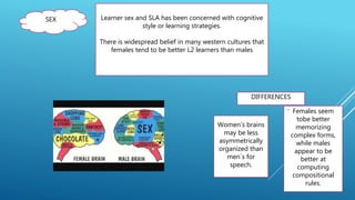 SEX Learner sex and SLA has been concerned with cognitive
style or learning strategies.
There is widespread belief in many western cultures that
females tend to be better L2 learners than males
Women’s brains
may be less
asymmetrically
organized than
men´s for
speech.
DIFFERENCES
Females seem
tobe better
memorizing
complex forms,
while males
appear to be
better at
computing
compositional
rules.
 